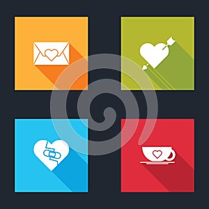 Set Envelope with Valentine heart, Amour and arrow, Healed broken and Coffee cup icon. Vector