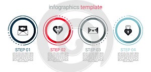 Set Envelope with Valentine heart, Candy shaped box, and Castle the of. Business infographic template. Vector