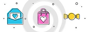 Set Envelope with Valentine heart, Shopping bag and Bow tie icon. Vector
