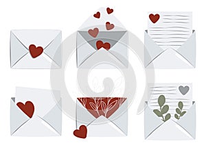 Set of envelopes with letter, heart and flowers. Happy Valentine\'s Day. Love vector elements