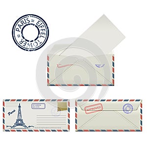 Set of envelopes from Paris with a painted the Eiffel Tower and postmark. Stylization.