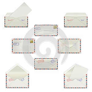 Set envelopes of various formats with postal stamps on white background. Model mockups in four views, front and back, ope