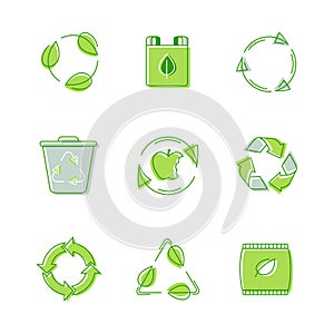 Set Environmental Labels, Recyclable Triangle Sign, Compostable Waste, Biodegradable Garbage Litter Bin. Icons