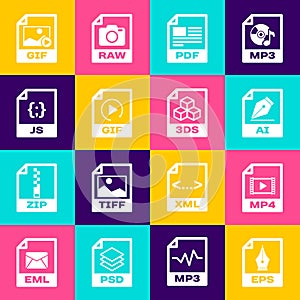 Set EPS file document, MP4, AI, PDF, GIF and JS icon. Vector