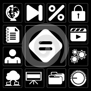 Set of Equal, Volume control, Folder, Television, Cloud computing, Settings, User, Video player, Notepad, editable icon pack