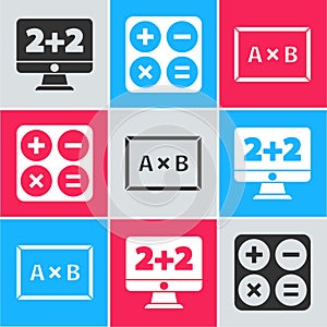 Set Equation solution, Calculator and Chalkboard icon. Vector