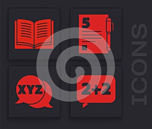 Set Equation solution, Open book, Test or exam sheet and pen and XYZ Coordinate system icon. Vector photo
