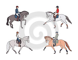 Set of equestrians riding horses