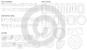 A set of equipment for the bathroom. Toilet bowl,urinal, sink, bath, jacuzzi, shower.Top view. Vector unshaded drawing.