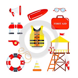 Set of equipment beach lifeguards cartoon style. Vector illustration of loudspeaker, sunglasses, life buoy and vest, whistle,