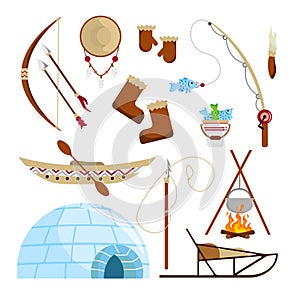 Set of equipment eskimos cartoon style. Vector illustration of igloo, trays, bows and arrows, woods, spears, boots and mittens,