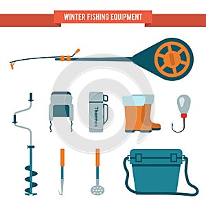 Set equipment flat style for winter fishing on ice