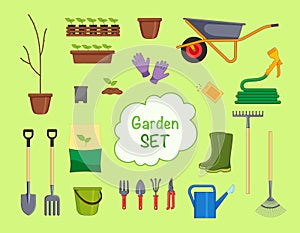 A set of equipment for gardeners, necessary for gardening and farming. Garden set. Isolated garden tools. Vector