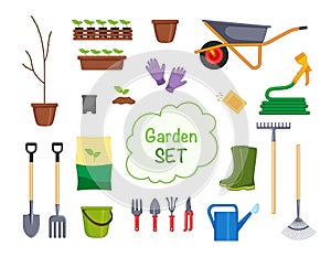 A set of equipment for gardeners, necessary for gardening and farming. Garden set. Isolated garden tools. Vector