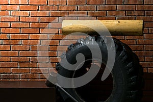 Set of equipment for sports on endurance and fitness by the background of a red brick wall