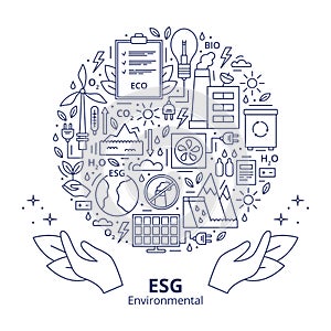 Set of ESG, ECO, BIO icons. ESG environmental criteria, icons arranged in a circle shape with a header at the bottom