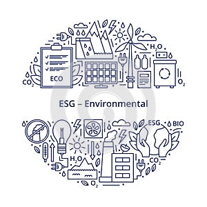 Set of ESG, ECO, BIO icons. ESG environmental criteria, icons arranged in the shape of a circle with an inscription in