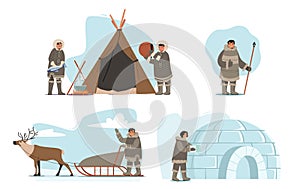 Set of Eskimos Characters Life, People Holding Spear, Building Igloo, Riding Sled, Cooking Fish and Play Tambourine photo