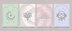 A set of esoteric mystical posters with spiritual symbols, moon, sun, stars, flowers. Templates, Tarot cards, boho style.