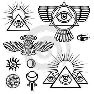 Set of esoteric symbols: wings, pyramid, eye, moon, sun, comet, star.