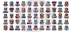Set of esports logos with animal mascots for gamers and teams. Collection of esports mascot logos with lion, tiger