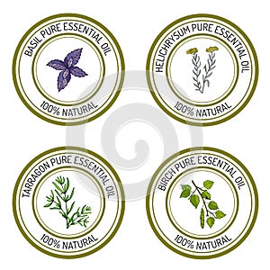 Set of essential oil labels: basil; tarragon; birch; helichrysum