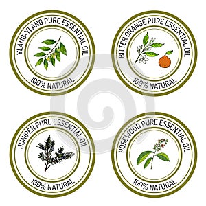 Set of essential oil labels: ylang-ylang, juniper, bitter orange