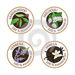 Set of essential oils labels. Sandalwood, patchouli, verbena, vanilla