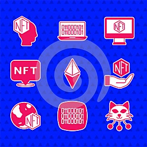 Set Ethereum ETH, Binary code, NFT Digital crypto art, Monitor with store app and icon. Vector