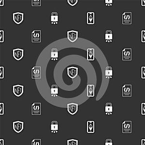 Set Ethereum ETH, Binary code, NFT shield and Cyber security on seamless pattern. Vector