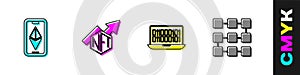 Set Ethereum ETH, NFT growth bar chart, Binary code and blockchain technology icon. Vector