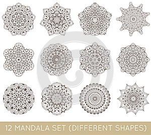 Set of Ethnic Fractal Mandala Vector Meditation Tattoo looks like Snowflake or Maya Aztec Pattern or Flower too Isolated on White