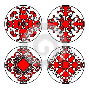 Set of ethnic oriental patterns in circle. Symmetric decorative floral filigree motifs in red, black and white