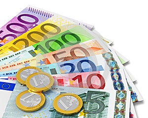 Set of Euro banknotes and coins