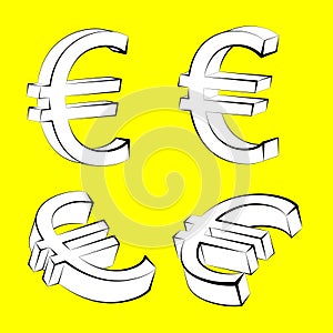 Set of Euro currency icons on yellow backgroun