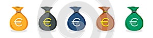 Set of euro money bag icons in different colors in a flat design