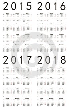 Set of european 2015, 2016, 2017, 2018 calendars