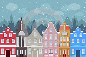 Set of European style colorful cartoon buildings in winter. Isolated hand drawn houses for your design.