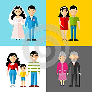 Set of european wedding couple, pregnant parents, grandparent, young family