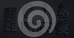 Set Evacuation plan, Burning forest tree, Fire burning garage, truck, match with fire and Firefighter icon. Vector