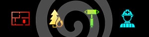 Set Evacuation plan, Burning forest tree, Firefighter axe and icon. Vector