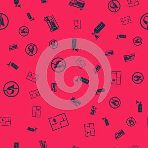 Set Evacuation plan, Fire truck, No fire and extinguisher on seamless pattern. Vector