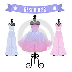 Set of Evening Dresses. Vintage dresses on mannequins. Vector.