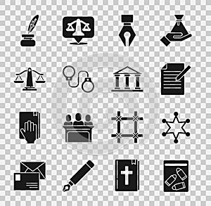 Set Evidence bag and bullet, Hexagram sheriff, Document pen, Fountain nib, Handcuffs, Scales of justice, Feather inkwell
