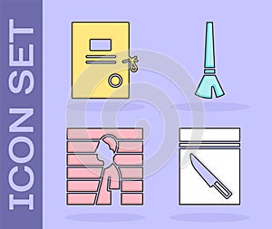 Set Evidence bag and knife, Lawsuit paper, Suspect criminal and Paint brush icon. Vector