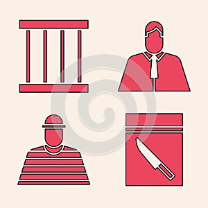 Set Evidence bag and knife, Prison window, Lawyer, attorney, jurist and Prisoner icon. Vector photo