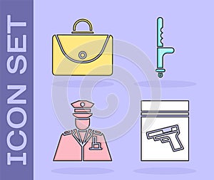 Set Evidence bag and pistol or gun, Briefcase, Police officer and Police rubber baton icon. Vector
