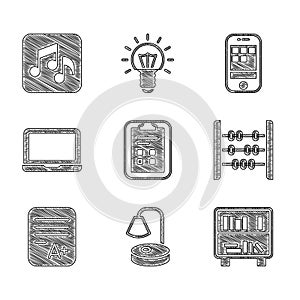 Set Exam sheet with check mark, Table lamp, Shelf books, Abacus, plus grade, Laptop, Smartphone and Music note, tone