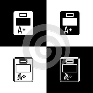 Set Exam sheet with A plus grade icon isolated on black and white background. Test paper, exam, or survey concept