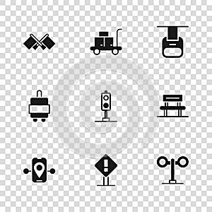 Set Exclamation mark in square, Waiting hall, Train traffic light, Cable car, Flag, Trolley suitcase and Suitcase icon